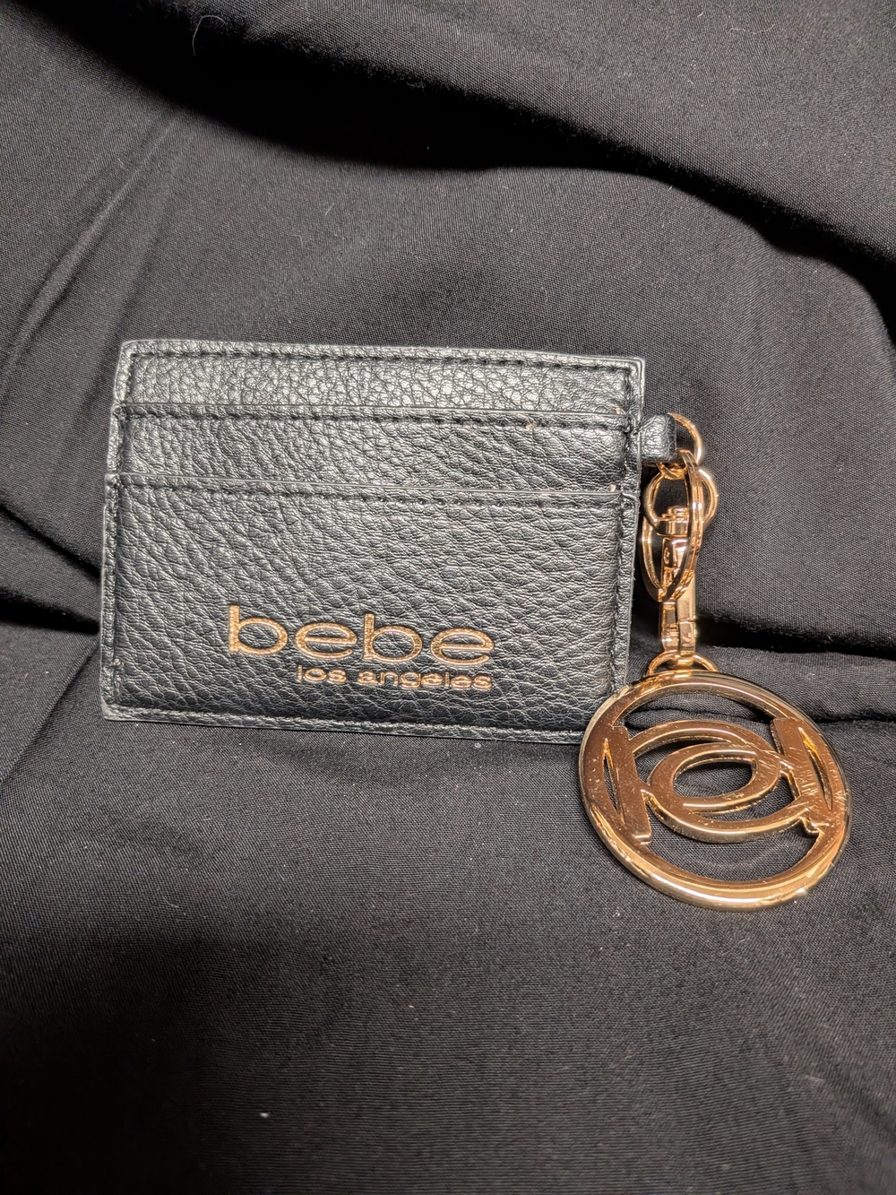 bebe Los Angeles Black Leather Card Holder with Gold Keyring